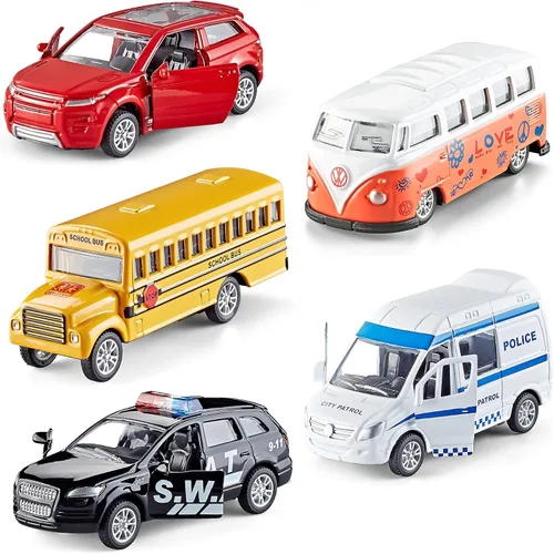 Vista 9 de KIDAMI Juego de Coches y Autobuses de Juguete de Metal Fundido a Presión, Escala 1:64, Vehículos de Autobús Urbano de Dos Pisos, Coches de Retroceso