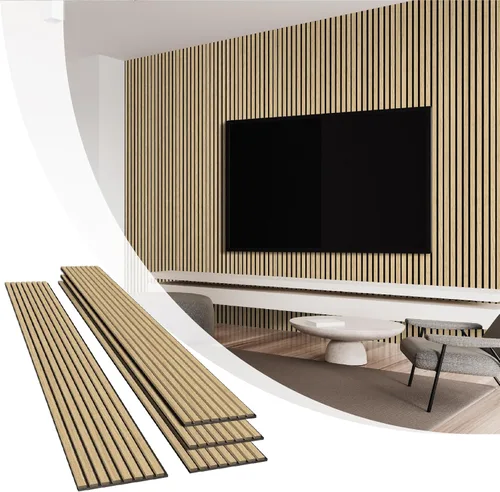 Vista 11 de Olanglab Paquete de 4 paneles de pared de listones de madera, paneles de pared acústicos de madera, 94.5"x12.6" pulgadas, cada uno de los paneles