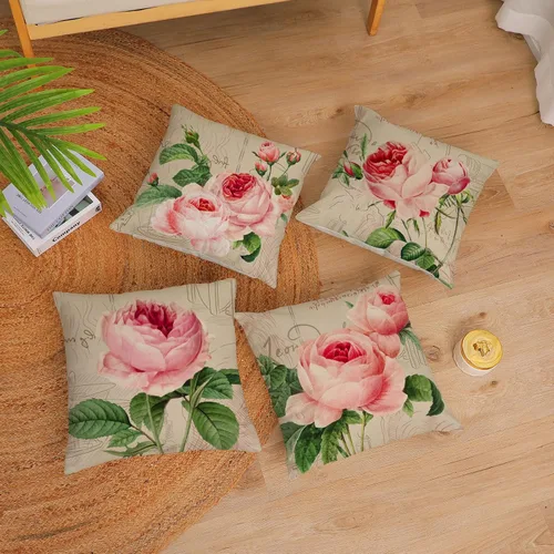 Vista 5 de YeeJu Juego de 4 fundas de almohada de color rosa de 12 x 12 pulgadas, fundas de cojín decorativas con diseño floral vintage, fundas de almohada