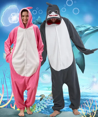 Vista 4 de Dodheah Mameluco de tiburón para adultos, disfraz de Halloween de animales, pijama de cosplay para hombres y mujeres, overol de dibujos animados