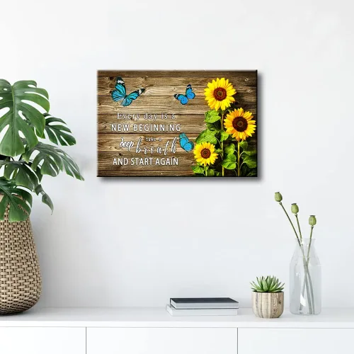 Vista 5 de WHAOMIOT Póster de lienzo con citas inspiradoras de mariposa azul con girasoles "Every Day Is A New Beginning", fotos sin marco, 24 x 16 pulgadas