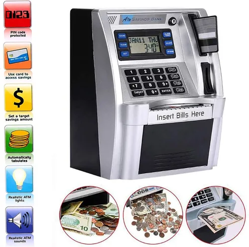 Vista 3 de EOBTAIN Alcancía de cajero automático para niños, caja de ahorros para niños y adultos, mini cajero automático negro, juguete para dinero real
