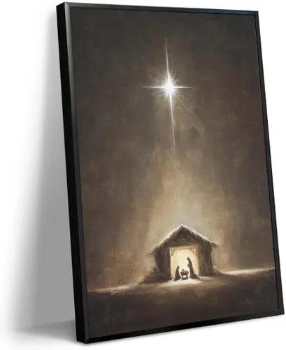 Vista 14 de Arte de pared en lona de árbol de Navidad y pino, póster rústico iluminado de abeto nevado, decoración de pared de vacaciones de invierno antigua