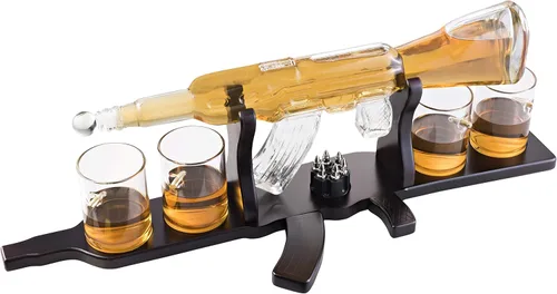 Vista 6 de Juego de decantador de whisky + 4 vasos de whisky en madera rica, bandeja de base de caoba clásica con piedras escalofriantes, dispensador de whisky