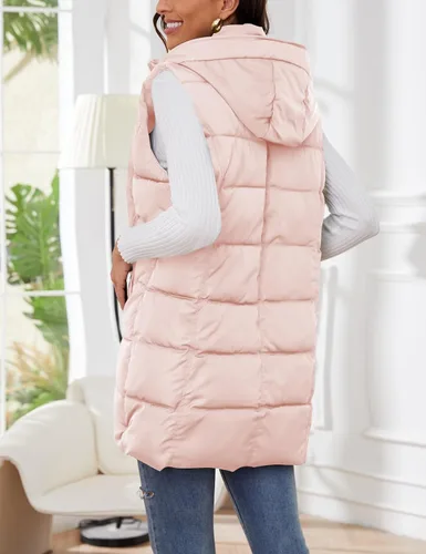 Vista 5 de Gihuo Chaleco largo acolchado de invierno para mujer, con capucha, sin mangas, con cremallera, chaleco largo