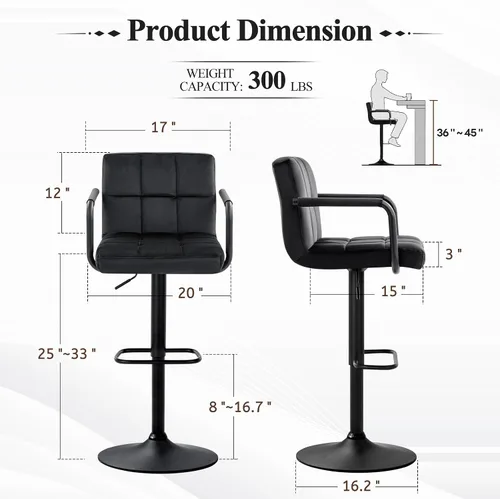 Vista 3 de Furniliving Taburetes de bar ajustables con respaldo, juego de 2 taburetes de bar negros, taburetes de bar de terciopelo con giro de 360°, taburetes