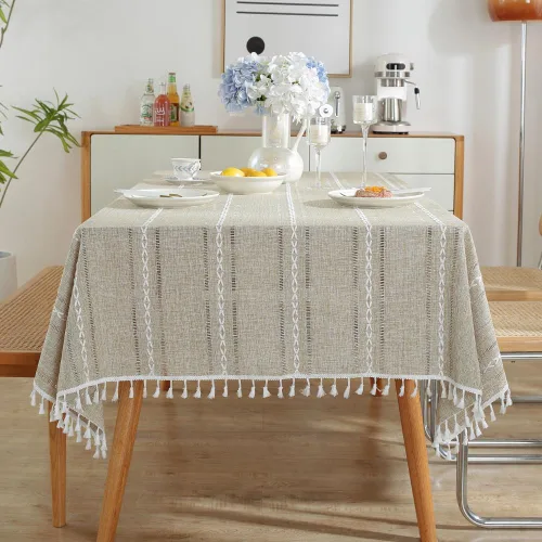 Vista 7 de meioro Mantel rústico, mantel rectangular de algodón texturizado de lino con borla, mantel de tela resistente para granja con bordado de rayas