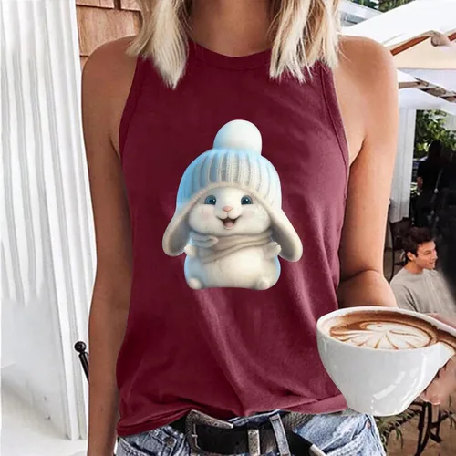Vista 2 de Camiseta Mangas para Mujer camisola con Estampado Conejo Bonito Cuello Redondo sin Mangas camisola Camisetas Chaleco