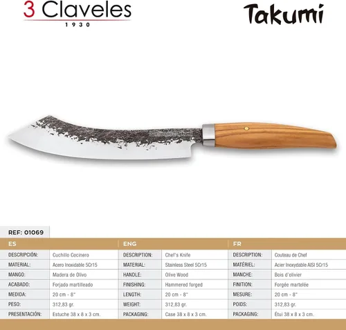 Vista 4 de 3 Claveles Cuchillo Cocinero Takumi 7.9 in 1069