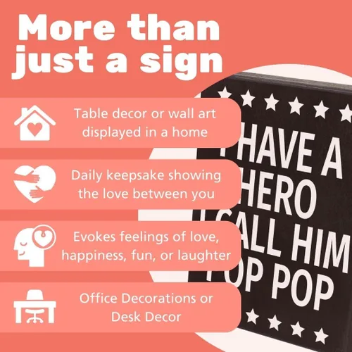 Vista 6 de Letrero de madera Pop Pop con texto en inglés "I Have a Hero I Call Him