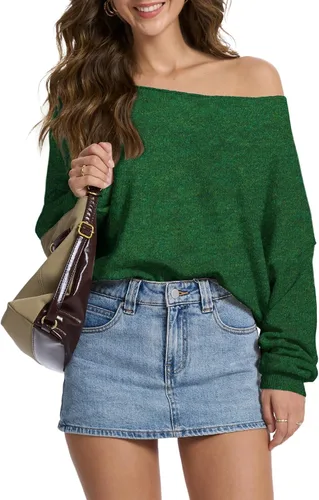 Vista 12 de FAlABLE - Suéter para mujer con hombros descubiertos y cuello barco, pullover holgado de manga larga, acogedor de punto, para otoño e invierno, tops