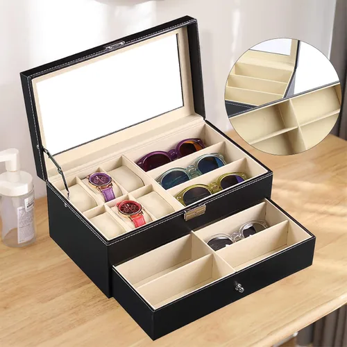Vista 7 de Estuche organizador de joyas para relojes, de cuero negro para 6 relojes + 9 gafas con parte superior de cristal, regalo para hombres y mujeres