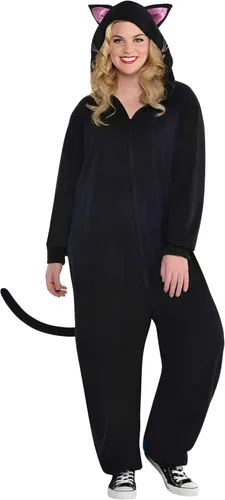 Vista 2 de Disfraz de gato negro con cremallera para adultos, talla S / M (paquete de 1), elegante, cómodo y espeluznante, disfraz de poliéster de alta