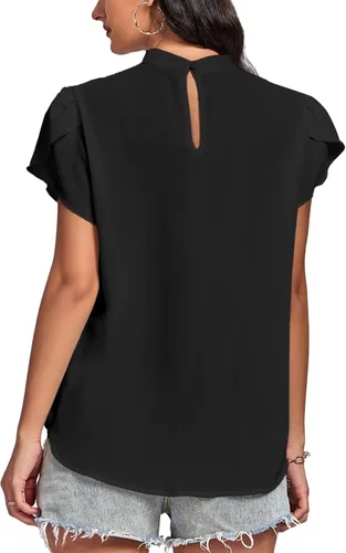 Vista 2 de LYANER Blusa básica plisada de manga corta con cuello alto falso para mujer