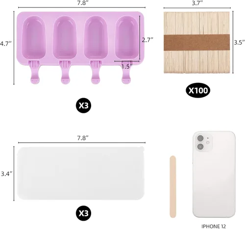 Vista 2 de Juego de 3 moldes de paletas de color violeta Samll con tapas y 100 palitos de madera para paletas de madera, 4 cavidades de silicona para hacer