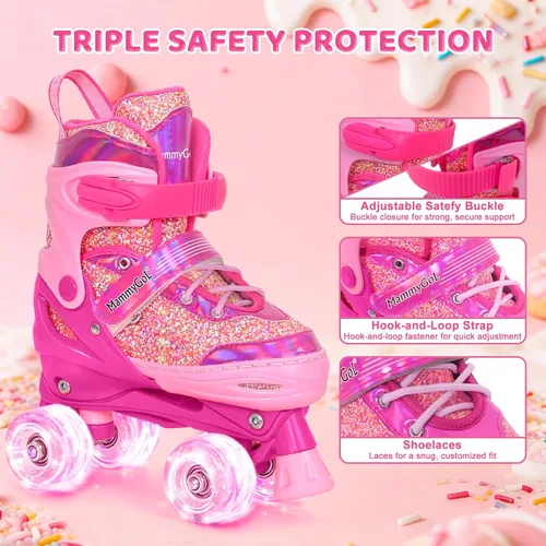 Vista 4 de Mammygol Patines para niñas, 4 tamaños ajustables con ruedas iluminadas, para niños