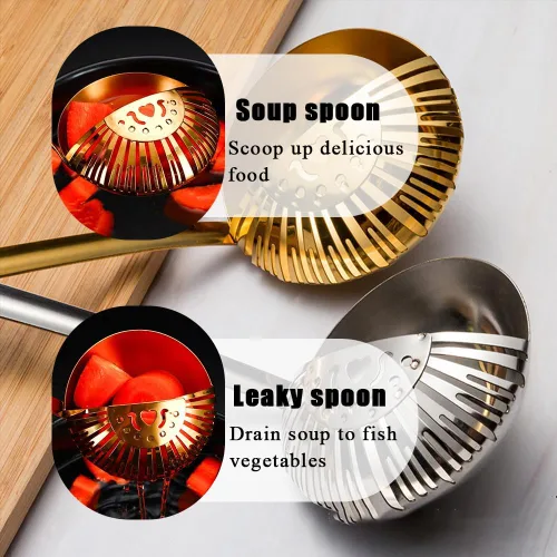 Vista 5 de Ouliget Cucharón colador de acero inoxidable, colador de sopa 2 en 1 separa líquidos, colador de sopa colador de sopa para cocinar y colar, 2 piezas