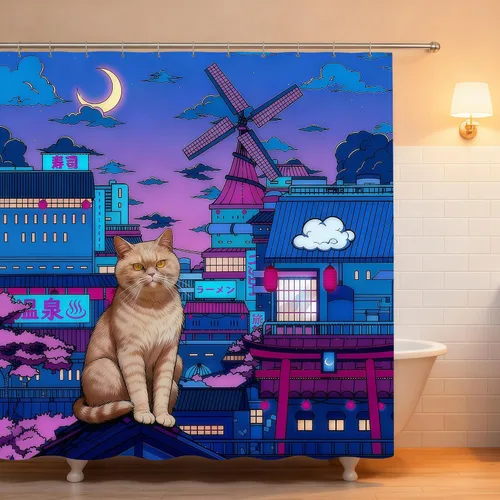 Vista 8 de Cortina de ducha de gato japonés neón de ciudad, impermeable, decoración Cyberpunk de poliéster para niños y adultos, se adapta a bañera, ducha