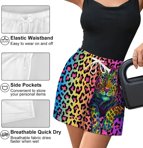 Vista 5 de Joyidec Pantalones cortos elásticos de leopardo con corazón para mujer, de verano, casual, con cordón, cintura alta, S-3XL