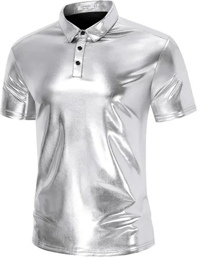 Vista 2 de TURETRENDY Camisa de discoteca de los años 70 para hombre, con lentejuelas brillantes, manga corta, para fiesta, polo hipster, discoteca, baile