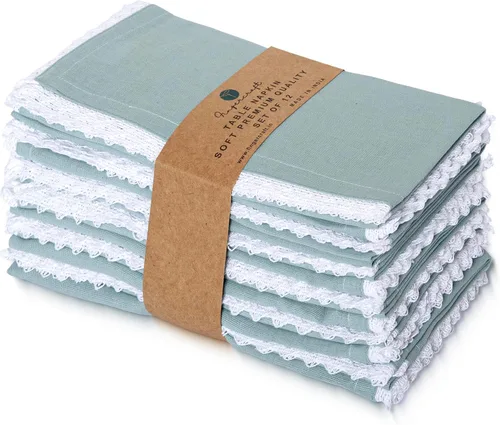 Vista 9 de FINGERCRAFT Servilletas de tela de lino y algodón de 12 unidades con esquinas ingletadas y elegante encaje para uso diario; las servilletas están