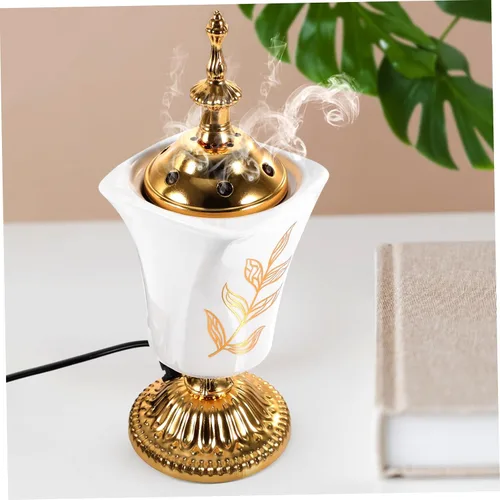 Vista 4 de Holibanna Quemador de incienso eléctrico, estilo de Oriente Medio, incensario de escritorio para yoga, spa, aromaterapia, decoración del hogar