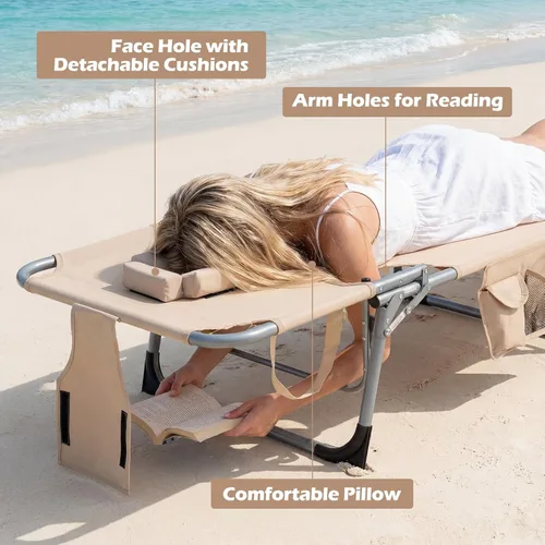 Vista 7 de COSTWAY Silla de salón plegable de playa, silla de bronceado con agujero para la cara, respaldo ajustable de 5 posiciones, almohada y bolsillo