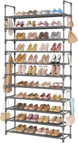 Vista 14 de LANTEFUL Zapatero de 10 niveles, 50 pares, organizador de zapatos alto de gran capacidad, almacenamiento de zapatos resistente con dos ganchos