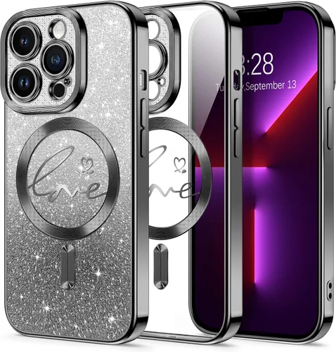 Vista 45 de Hython Funda para iPhone Air con purpurina, compatible con MagSafe Love Heart fundas magnéticas transparentes para teléfono para mujeres y niñas