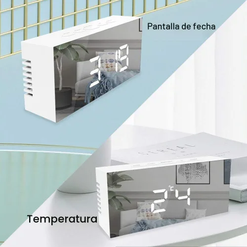 Vista 4 de Reloj despertador digital, pantalla LED grande con espejo con función de repetición, brillo ajustable, adecuado para el hogar, dormitorio, sala