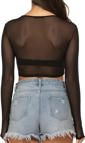 Vista 7 de Avidlove Blusa corta de malla para mujer, manga larga, transparente, cuello redondo, ropa de club, S-4XL