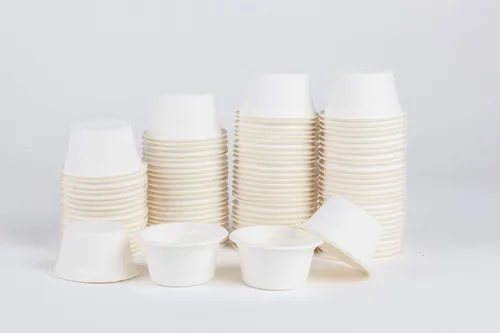 Vista 6 de Golden Apple, Tazas de porción de 2oz-100ct. Caña de azúcar/bagazo compostable. Biodegradable. Muestra de policías de alimentos.