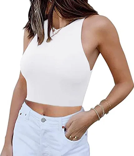 Vista 7 de Artfish Camiseta corta sin mangas para mujer, cuello alto, elástica, ajustada, básica, sin mangas