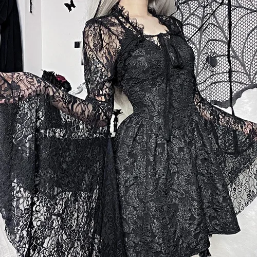 Vista 5 de L'VOW Ombliguera gótica de encaje para mujer, con puños acampanados, manga larga, hombros descubiertos, chal gótico, chal envolvente para Halloween