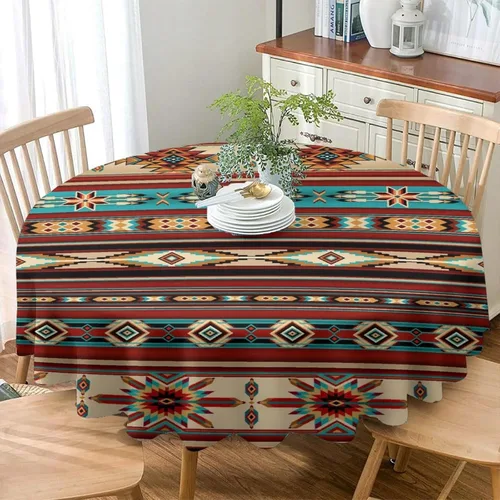 Vista 4 de Mantel azteca suroeste, diseño étnico tribal geométrico, estilo vintage, bohemio, elegante, lavable, para comedor, cocina, granja, fiesta