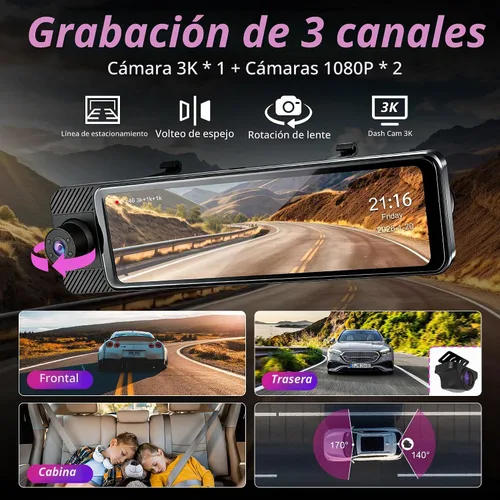Vista 3 de Cámara de tablero de espejo de 3 canales con frontal 3K, cabina y trasera 1080P, cámara de espejo retrovisor de 11 pulgadas con WiFi/visión