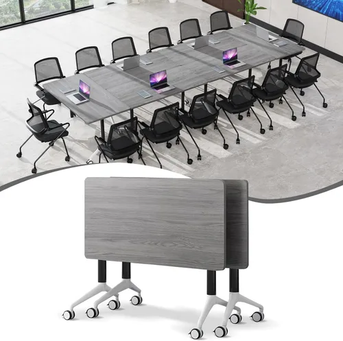 Vista 23 de Mesa de sala de conferencias, mesa de conferencias de 55.1 pulgadas con ruedas, moderna mesa de entrenamiento de conferencias de color madera Nuez