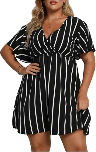 Vista 4 de Floerns - Vestido cruzado para mujer de manga corta con cuello en V, acampanado y estampado de rayas, de talla extragrande