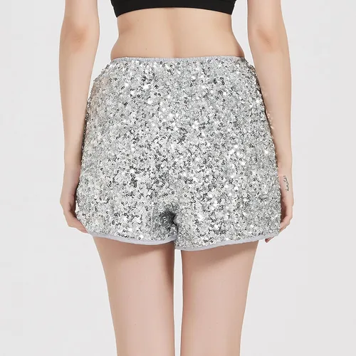 Vista 3 de Pantalones cortos de lentejuelas para mujer, talla grande, cintura alta elástica, brillante, para club, con purpurina, para fiestas, conciertos