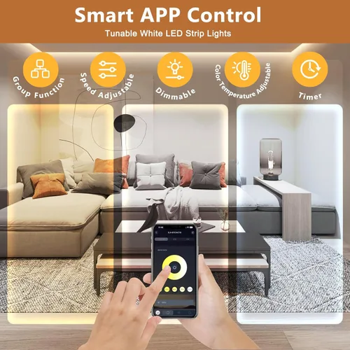 Vista 2 de Wefomey Tira de luces LED blancas, luz de cinta flexible regulable brillante de 24 V con control remoto y aplicación, fuente de alimentación