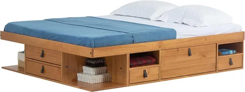 Vista 16 de Memomad Bali Set: Plataforma de almacenamiento con cajones + Cabecera con estantería (Tamaño individual, madera color marrón caramelo)