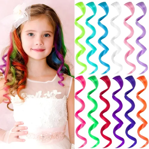 Vista 8 de 10 extensiones de cabello sintético rizado y ondulado negro con clip, reflejos de fiesta de neón arcoíris, accesorios de cabello coloridos