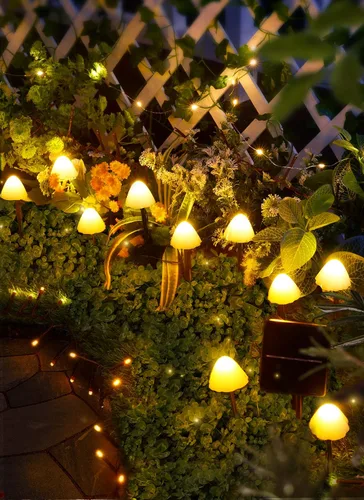 Vista 7 de Luces solares de jardín en forma de hongo para exteriores, 20 LED 32.8 FT luces solares para caminos al aire libre impermeables para cerca con 8