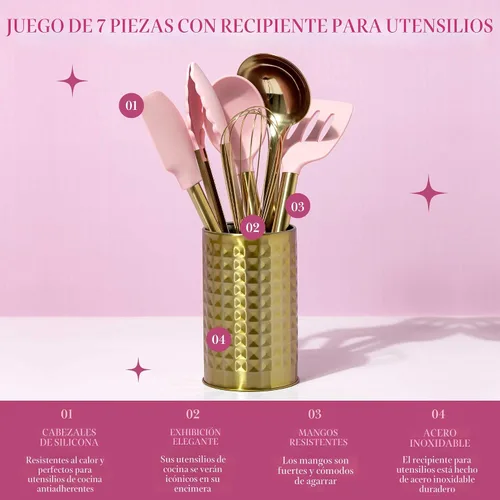 Vista 3 de Paris Hilton Juego de herramientas de cocina con recipiente para utensilios con utensilios de cocina de silicona, batidor y cucharón de acero