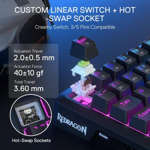 Vista 6 de Redragon K724 PRO Wireless Gasket Gaming Keyboard wHype Screen & Knob, 81-Key Mechanical Keyboard, Easy-Control 1.14 TFT Info Display, 5-Layer Noise