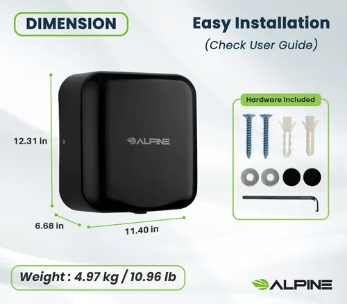 Vista 6 de Alpine - Secador de manos automático comercial - Secador de manos de aire de alta velocidad para el hogar, restaurante, baño y zonas de alto Negro