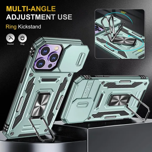Vista 4 de Funda para iPhone 14 Pro con Cubierta Deslizante para Cámara, con Soporte de Anillo para Dedo, Compatible con Soporte Magnético para Automóvil