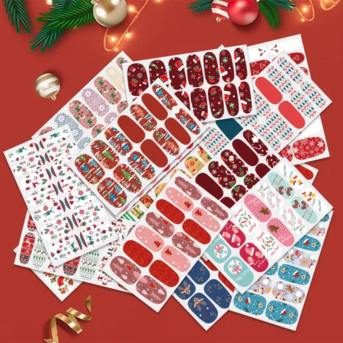 Vista 3 de 20 hojas de esmalte de uñas de Navidad, envolturas completas de uñas para mujeres, calcomanías autoadhesivas de esmalte de uñas de gel, tiras