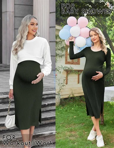 Vista 3 de Ekouaer Maternity Dress Rib Knit Long Sleeve Side Slit Bodycon Dresses Pregnancy Baby Shower Clothes S-XXL