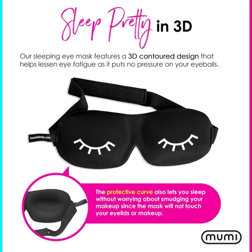 Vista 2 de Mumi Sweet Dreams Kit - Máscara de dormir de espuma viscoelástica 3D con correa ajustable, bloquea la luz de manera efectiva, incluye tapones